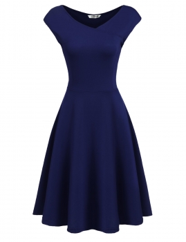 

Blue V-Neck Cap Sleeve Solid Fit and Flare Summer Dress, Multicolor