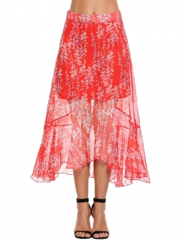 

Red Floral Side Zipper A-Line Pleated Hem Chiffon Skirt, Multicolor