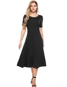 

Black Short Sleeve O-Neck Back Hollow Out Solid Dress, Multicolor