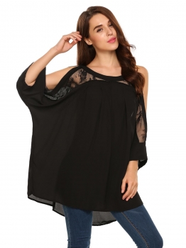 

Black Cold Shoulder 3"4 Batwing Sleeve Patchwork Chiffon Loose Tops, Multicolor