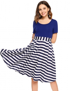 

Blue Striped Patchwork Short Sleeve A-line Dress, Multicolor