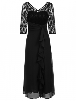 

Black Back V Neck Lace Patchwork Ruched Ruffles Maxi Dress, Multicolor