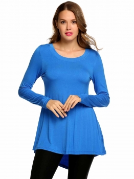 

Blue Long Sleeve O Neck Solid Slim High-Low Tops, Multicolor