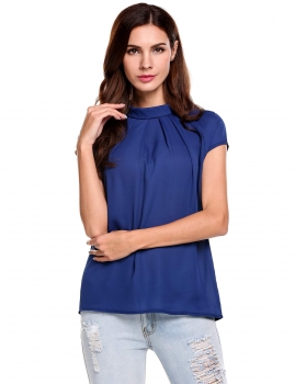 

Blue Back Button Closure O-Neck Short Sleeve Solid Chiffon Shirt, Multicolor