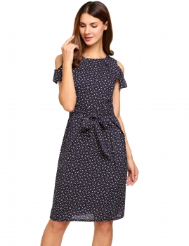 

Black Cold Shoulder O-Neck Floral Belted Dress, Multicolor