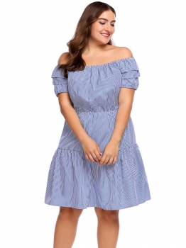 

White blue Plus Size Off Shoulder Short Sleeve Stripe Layered Ruffle Dress, Multicolor
