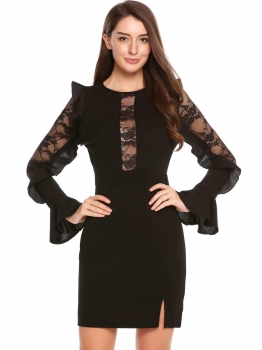 

Black Ruffles Lace Long Sleeve Patchwork Dress, Multicolor