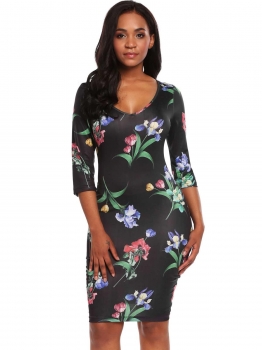 

Red Sexy 3"4 Sleeve Lace V Neck Stretch Bodycon Pencil Dress, Multicolor