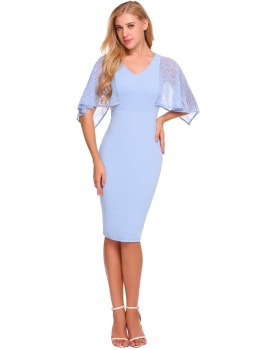 

Baby Blue Cape Sleeve Lace Patchwork Pencil Dress, Multicolor
