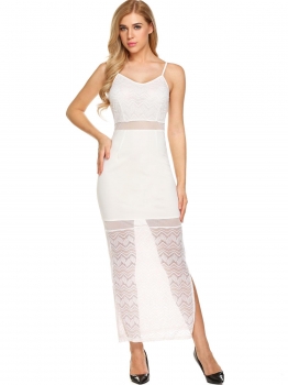 

White Sexy Sleeveless Spaghetti Straps Lace Mesh Patchwork Porm Split Sheath Maxi Dress, Multicolor