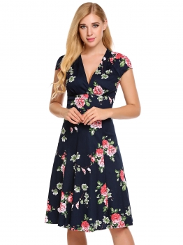 

Blue Plunging Neck Cap Sleeve Floral A-Line Dress, Multicolor