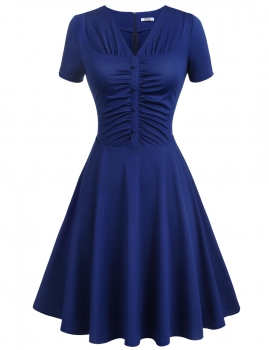 

Blue V-Neck Ruched Button Solid A-Line Dress, Multicolor