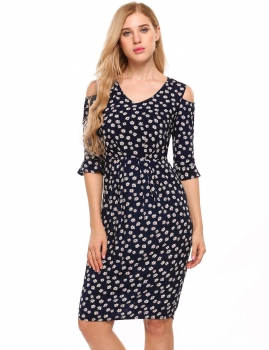 

Dark blue V-Neck Cold Shoulder Floral Slim Fit Dress, Multicolor