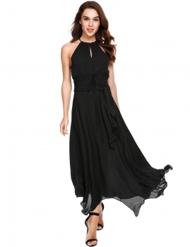 

Black Solid Halter Pleated Asymmetrical Hem Chiffon Maxi Dress, Multicolor