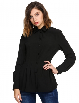 

Black Long Sleeve Slim Pleated Hem Tunic Solid Button Down Shirt, Multicolor