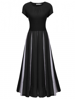 

Black Short Sleeve Contrast Color Maxi Chiffon Dress, Multicolor