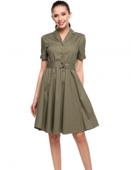 

Army green Turn-down Collar Short Sleeve Solid A-Line Casual Dress, Multicolor