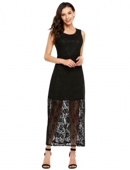 

Black O-Neck Sleeveless Solid Lace Long Dress, Multicolor