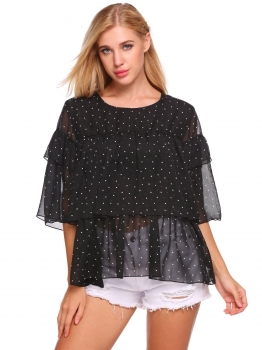

Black O-Neck Half Sleeve Dot Ruffle Tiered Chiffon Blouse, Multicolor