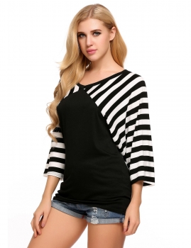 

Black Striped V-Neck Raglan 3"4 Sleeve Patchwork Tops, Multicolor