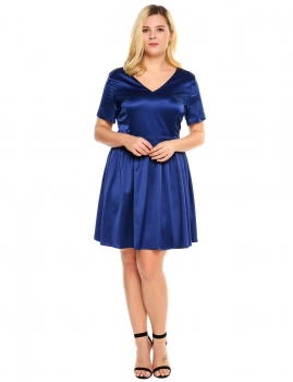 

Blue Plus Sizes V-Neck Short Sleeve Solid Satin A-Line Dress, Multicolor