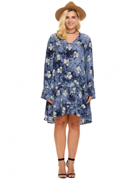 

Blue Plus Sizes Loose Flare Sleeve Floral Bohemia Dress, Multicolor