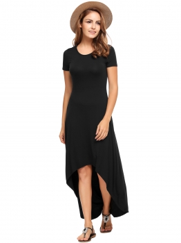 

Black Short Sleeve High Waist Asymmetrical Maxi Dress, Multicolor