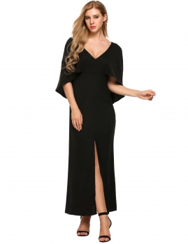 

Black V-neck Sleeveless Slim Full Length Long Slipt Dress, Multicolor