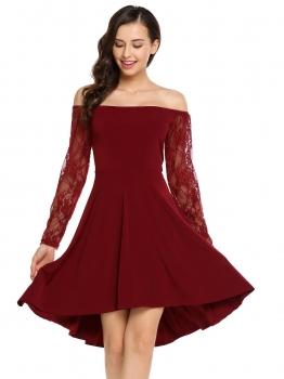 

Wine red Long Sleeve Off the Shoulder Lace Patchwork Asymmetric Dress, Multicolor