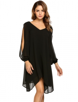 

Black Long Split Sleeve Asymmetric Hem Loose Chiffon Dress, Multicolor