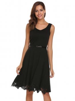 

Black Sleeveless Lace Patchwork Dress with Belt, Multicolor