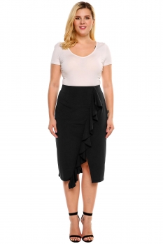 

Black Plus Size High Waist Ruffles Split Slim Midi Skirt, Multicolor