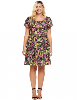 

Mix color Plus Size Off Shoulder Ruffled Trim Floral Dress, Multicolor