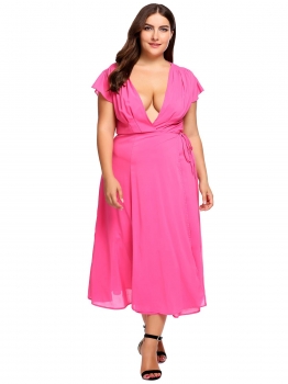 

Rose Pink Plus Size Plunging Neck Split Hem Chiffon Dress, Multicolor