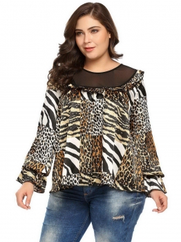 

Leopard Ruffle Plus Size Long Bell Sleeve Pullover Multicolor Blouse