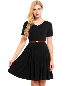 

Black Solid V-Neck Belted Vintage Dress, Multicolor