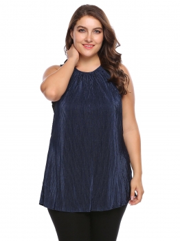

Navy blue Plus Size Sleeveless Patchwork Loose Fake 2 Piece Tank Top, Multicolor