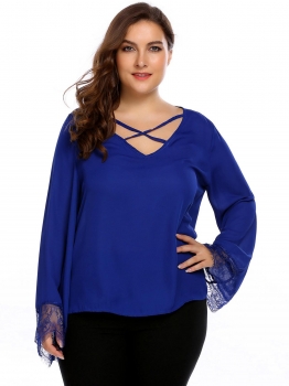 

Blue Plus Size Cross V-Neck Long Sleeve Lace-trimmed Chiffon Blouse, Multicolor