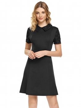 

Black Peter Pan Collar Short Sleeve Lace Slim A-Line Dress, Multicolor