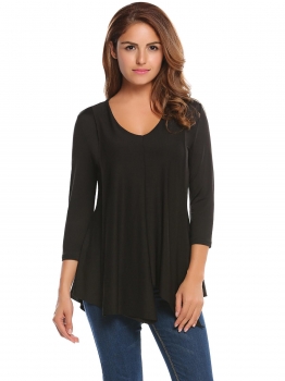 

Black Women Fashion 3"4 Sleeve Solid Pleated Tunic T-Shirt, Multicolor