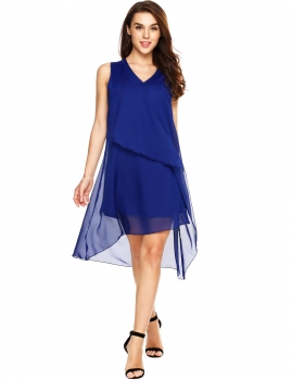 

Blue Solid V Neck Ruffle Front Chiffon Tank High Low Dress, Multicolor