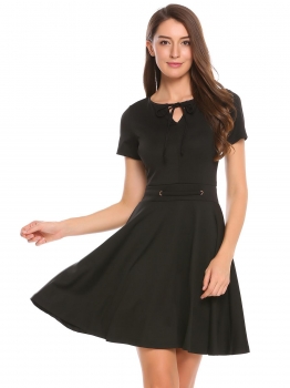 

Black Short Sleeve Solid Tie Neck A-Line Dress, Multicolor