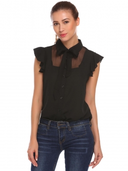 

Black Women Casual Ruffles Sleeve Solid Loose Bow Chiffon Shirt Blouse, Multicolor