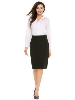 

Black High Waist Solid Knee Length Pencil Skirt, Multicolor