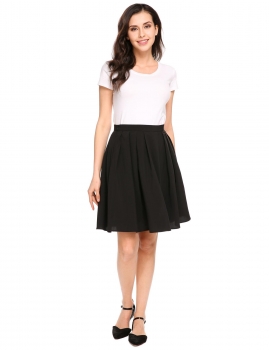 

Black High Waist Solid Pleated Skirt with Pockets, Multicolor