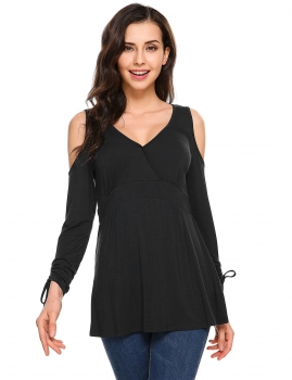 

Black Cross V Neck Cold Shoulder A-Line Pleated Hem T-Shirt, Multicolor