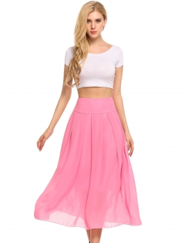 

Pink High Waist Solid Chiffon Calf Length Skirts with Lining, Multicolor