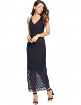 

Dark blue Spaghetti Strap Backless Bodycon Floral Lace Dress, Multicolor
