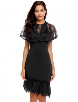 

Black Cape Sleeve Lace Bodycon Asymmetrical Mermaid Dress, Multicolor