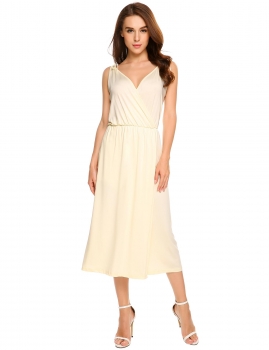 

Beige Plunge Neck Cross Hem Solid Ruched Dress, Multicolor